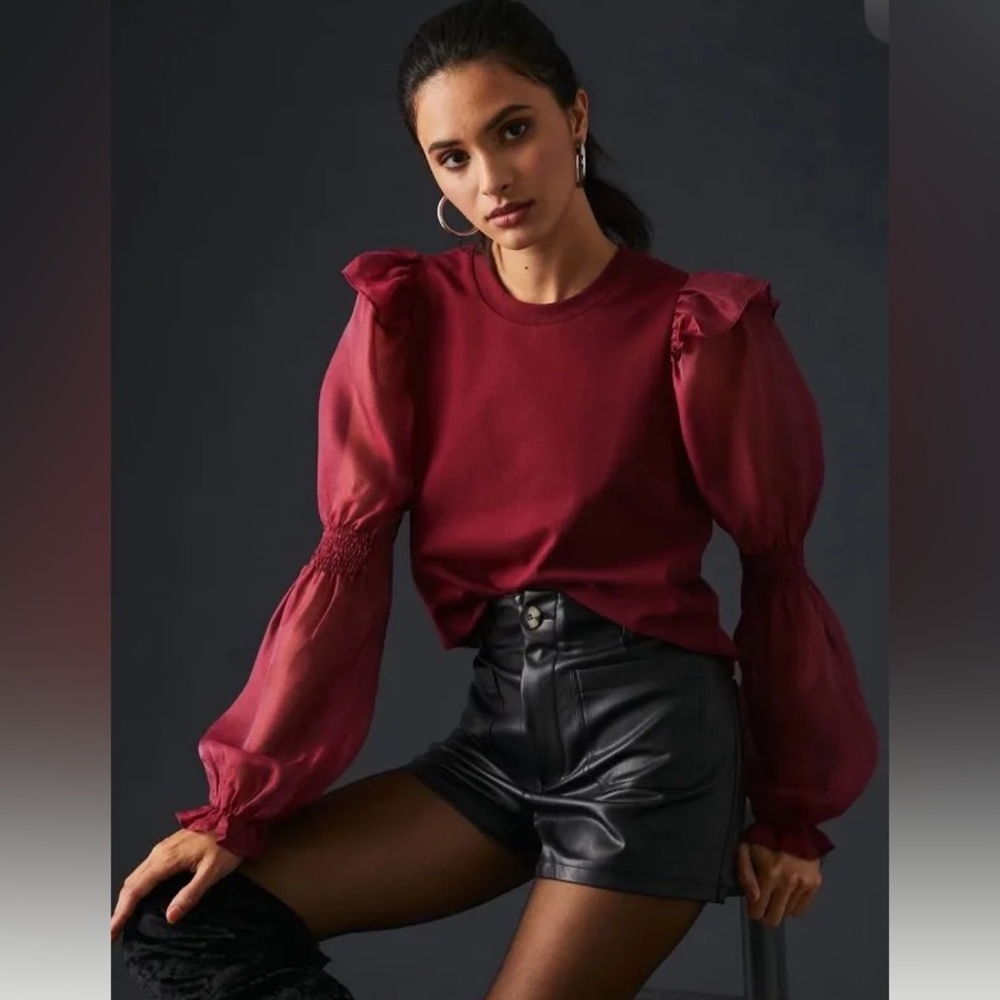 Anthropologie Hutch Cassidy Blouse with Sheer Puff Sleeves